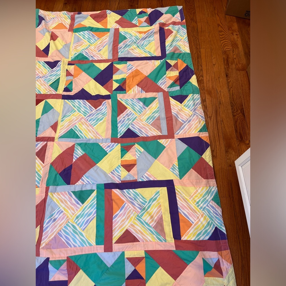 Vintage Handmade Quilt Patchwork Colorful Geometric Cotton Blanket Nannette - Picture 3 of 9
